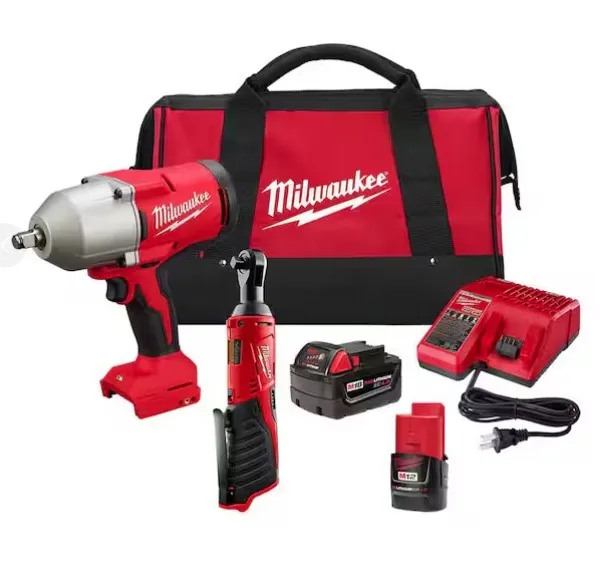 Milwaukee M12/M18 12/18V Lithium-Ion Cordless 3/8 in. Ratchet and 1/2 in. High Torque Impact Wrench with Friction Ring Combo Kit
