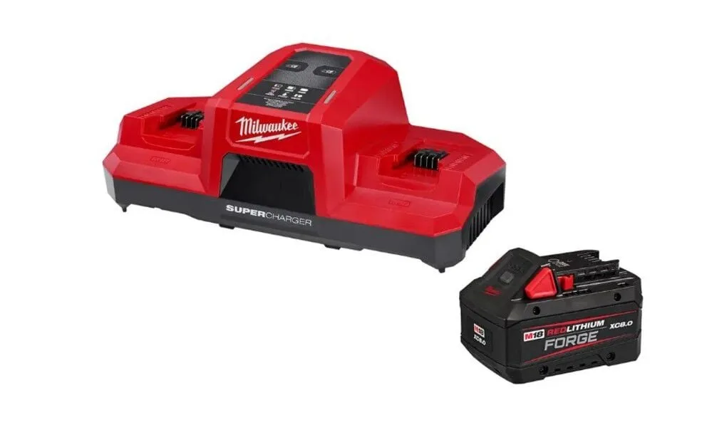 Milwaukee M18 18V Lithium-Ion REDLITHIUM FORGE 8.0 Ah Battery Pack with M18 18V Dual Bay Simultaneous Super Charger