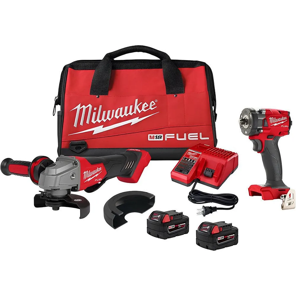 Milwaukee M18 FUEL 18V Lithium-Ion Brushless Cordless Grinder & 3/8 in. Impact Wrench Combo Kit (2-Tool) w/ Two 5Ah Batteries