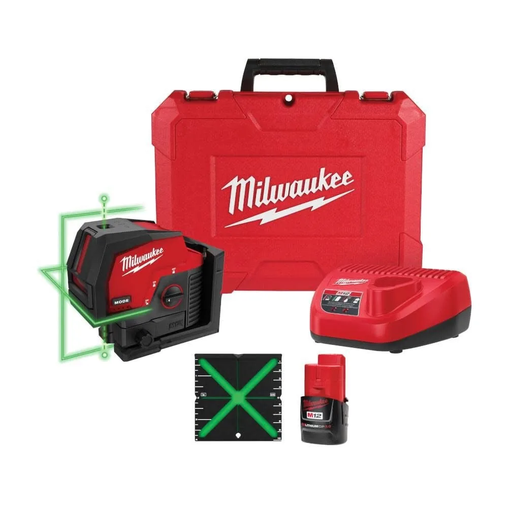Milwaukee M12 12-Volt Lithium-Ion Cordless Green 125 ft. Cross Line and Plumb Points Laser Level Kit with 3.0 Ah Battery