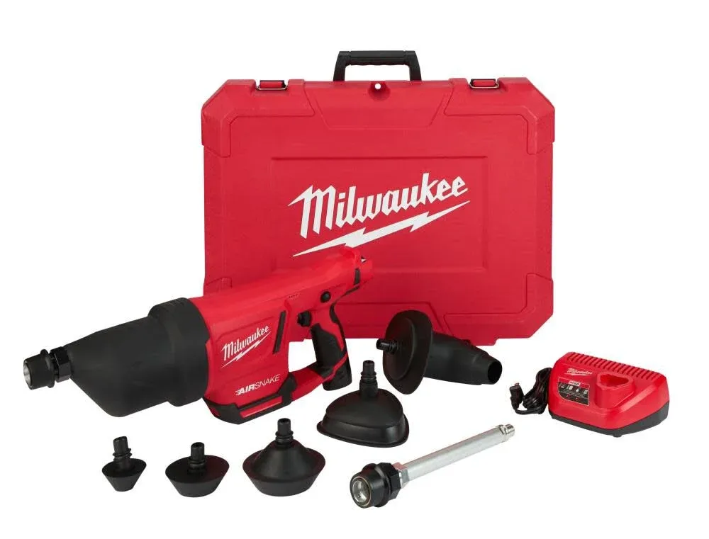 Milwaukee M12 12-Volt Lithium-Ion Cordless Drain Cleaning Airsnake Air Gun Kit with (1) 2.0Ah Battery, Toilet Attachments
