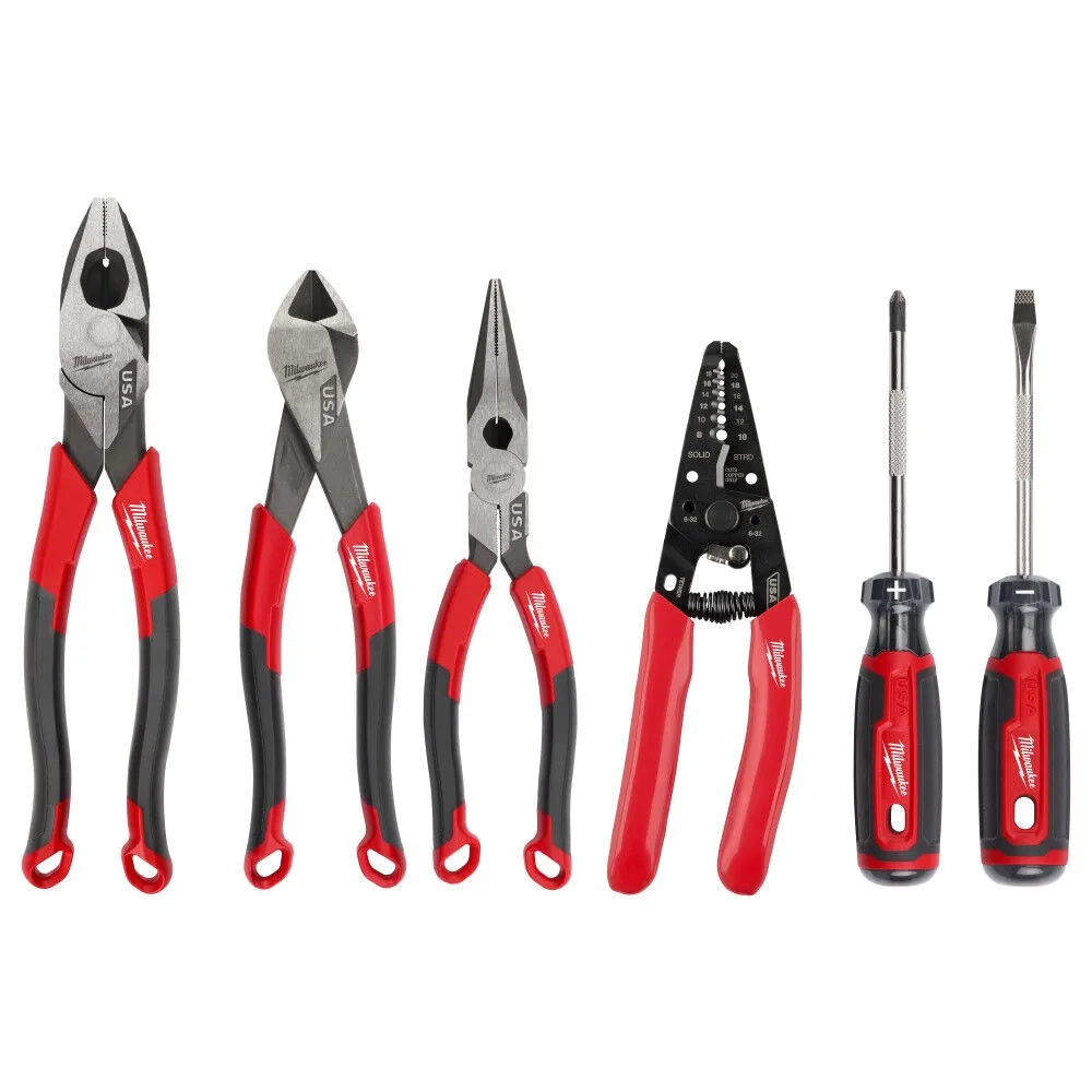 Milwaukee 6 PC Comfort Grip Cutting Pliers, Wire Strippers, & Cushion Grip Screwdrivers Set (USA)