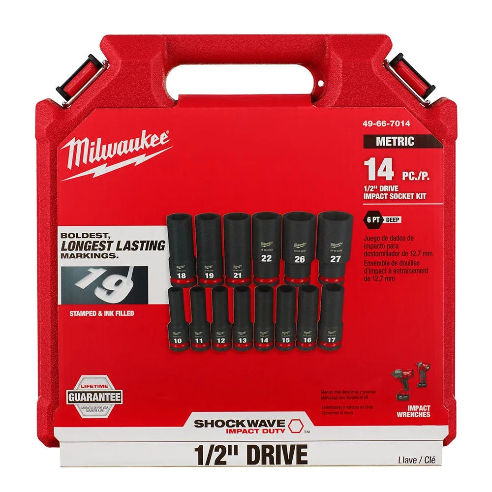 Milwaukee Impact Socket 1/2in Drive Metric Deep 6 Point 14 pc
