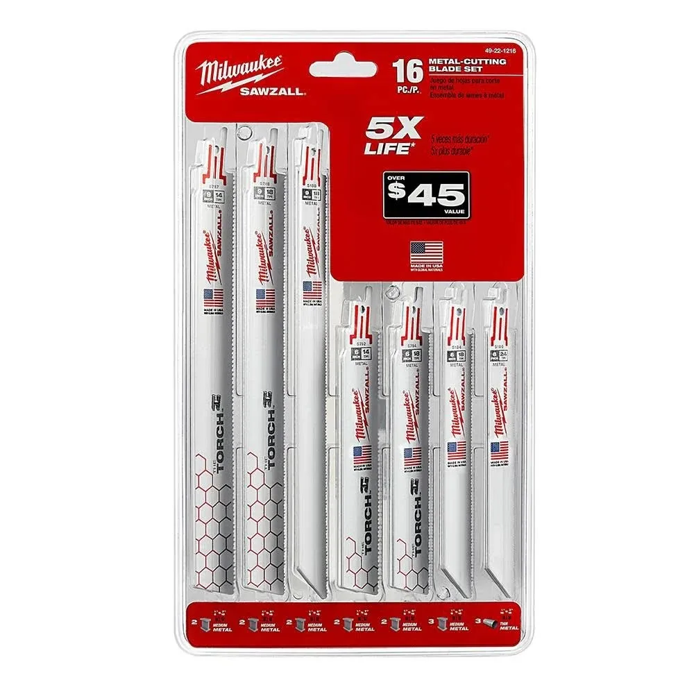 Milwaukee SAWZALL Metal Cutting Bi-Metal Reciprocating Saw Blade Set (16-Piece) with 2 Carbide Blades