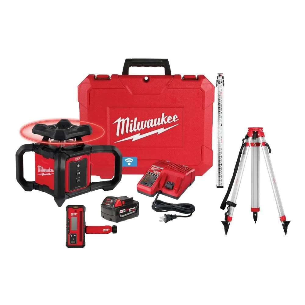 Milwaukee M18 2000 ft. Red Exterior Rotary Laser Level Kit with Receiver, Receiver Clamp, Tripod, and Grade Rod