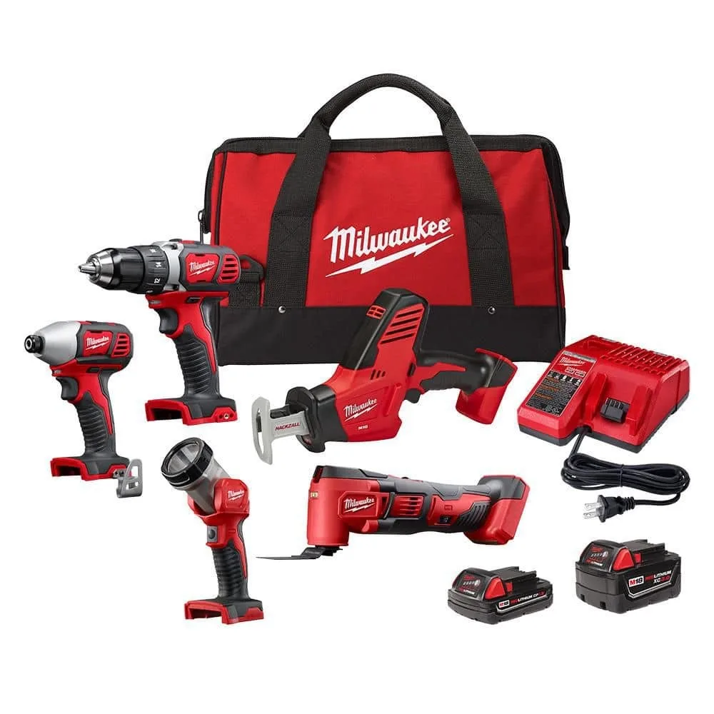 Milwaukee M18 18V Lithium-Ion Cordless Combo Kit (5-Tool) with (2) Batteries, Charger and Tool Bag