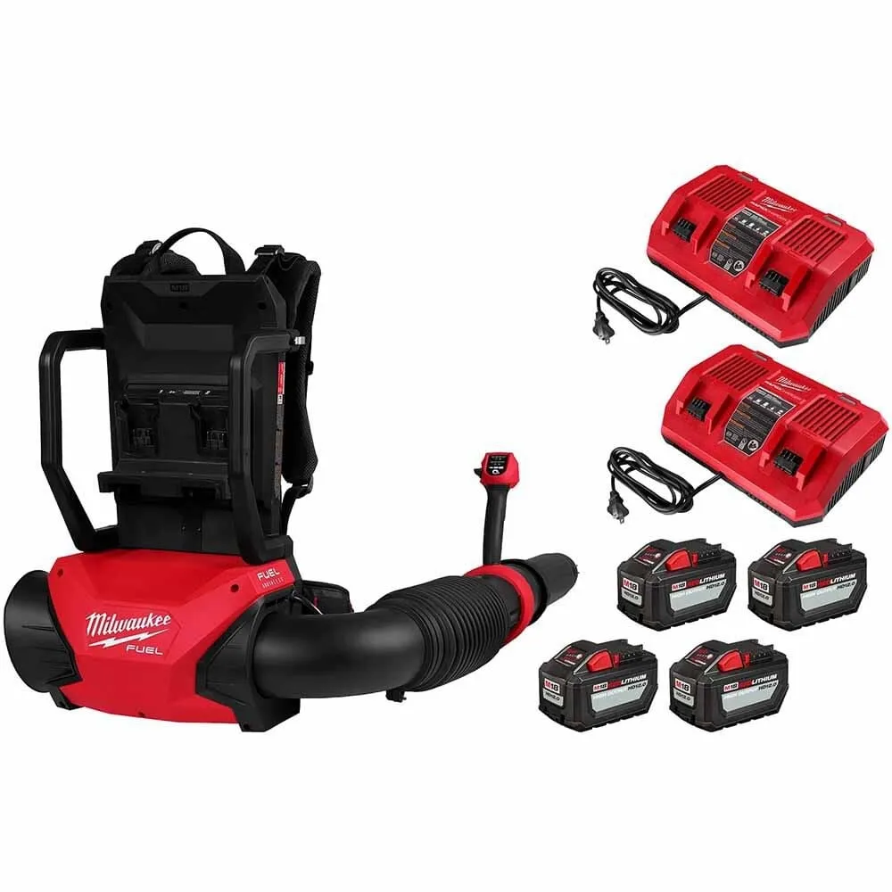 Milwaukee M18 FUEL 155 MPH 650 CFM 18V Brushless Cordless Dual Battery Backpack Blower Kit w/(4) 12.0 Ah Batteries, (2) Chargers