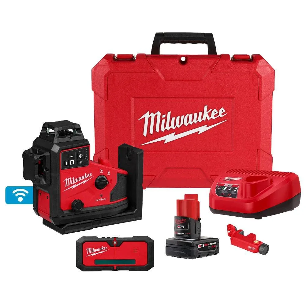 Milwaukee M12 12-Volt Lithium-ion Cordless 125 ft. Green 360° 3-Plane Laser Level with Automatic Alignment & Receiver