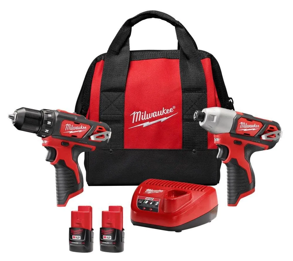 Milwaukee M12 12V Lithium-Ion Cordless Drill Driver/Impact Driver Combo Kit with Two 1.5Ah Batteries, Charger and Bag (2-Tool)