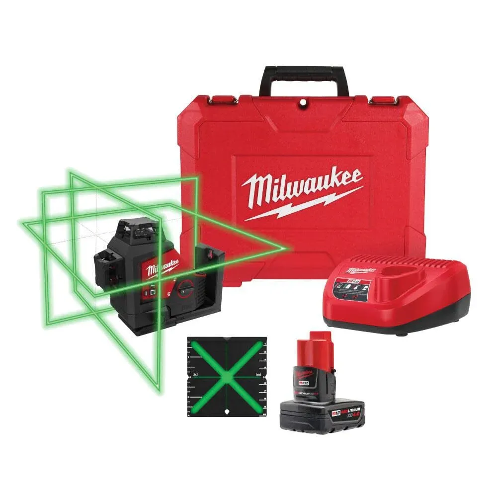 Milwaukee M12 12-Volt Lithium-Ion Cordless Green 250 ft. 3-Plane Laser Level Kit with One 4.0 Ah Battery, Charger and Case