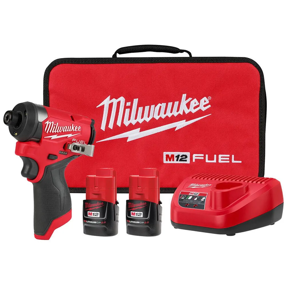 Milwaukee M12 FUEL 12V Lithium-Ion Brushless Cordless 1/4 in. Hex Impact Driver Kit w/Two 2.0Ah Batteries, Charger&Soft Case