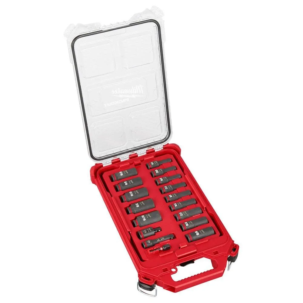 Milwaukee SHOCKWAVE Impact-Duty 3/8 in. Drive SAE Deep Well Impact PACKOUT Socket Set (17-Piece)
