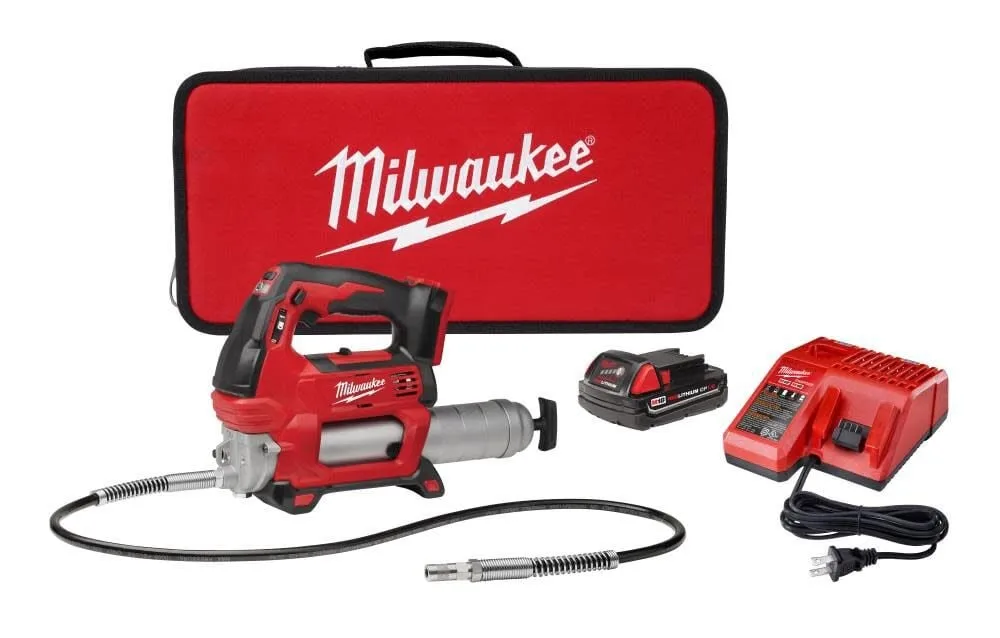 Milwaukee M18 18V Lithium-Ion Cordless Grease Gun 2-Speed with (1) 1.5Ah Batteries, Charger, Tool Bag