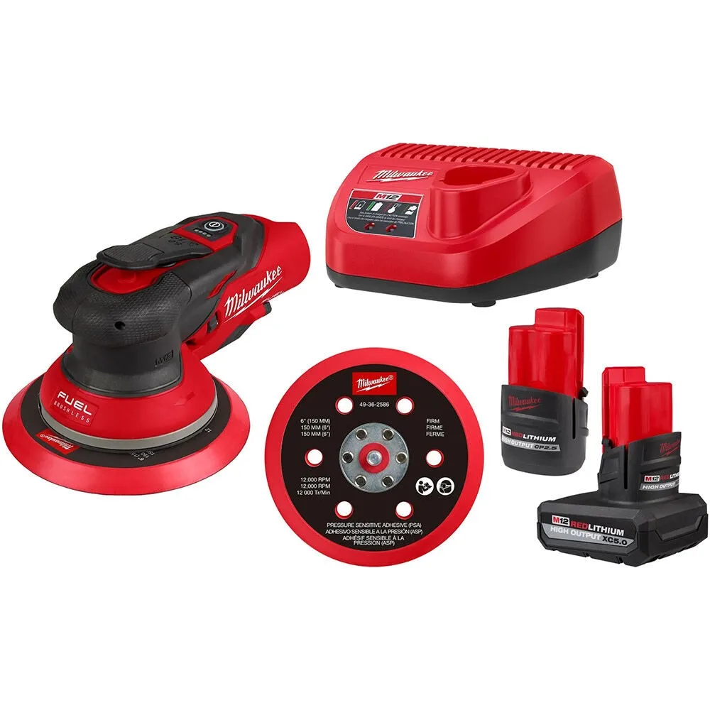 Milwaukee M12 FUEL 12-Volt Li-Ion Brushless Cordless 6 in. Random Orbital Sander Kit (3/16 in) w M12 XC 5.0Ah & CP 2.5Ah Batteries